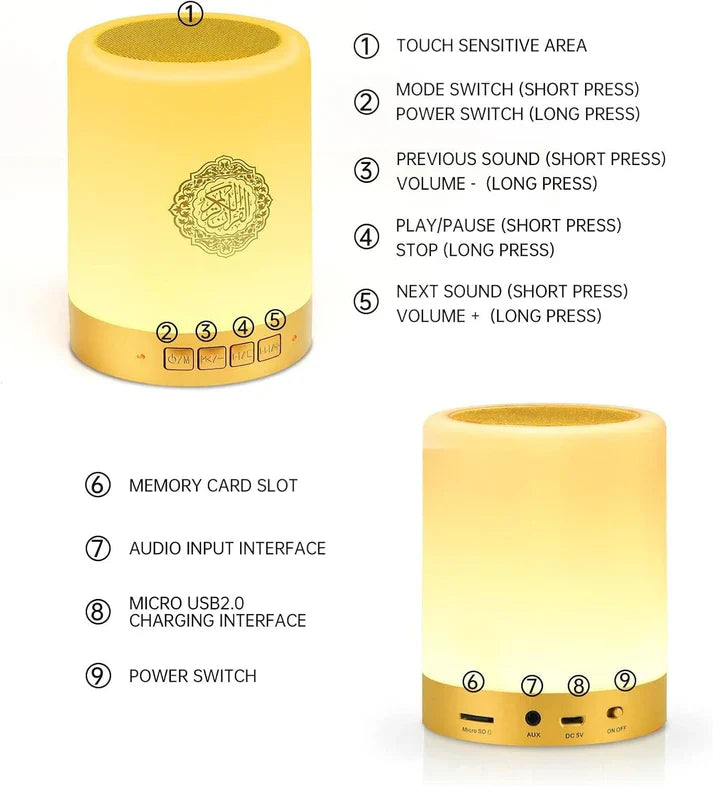 Lampe Coran Intelligente 5-En-1 | Lumière Relaxante + Récitations Des Meilleurs Imams